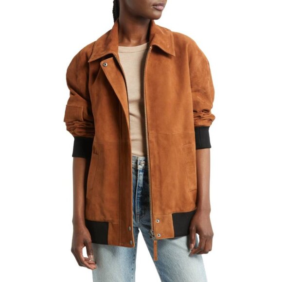 NEW Treasure & Bond Oversize Suede Bomber Jacket in Rust Clay Size M #2079